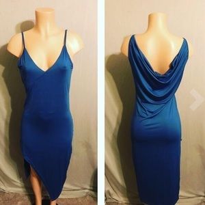 Blue Low Cut High Slit Bodycon Dress